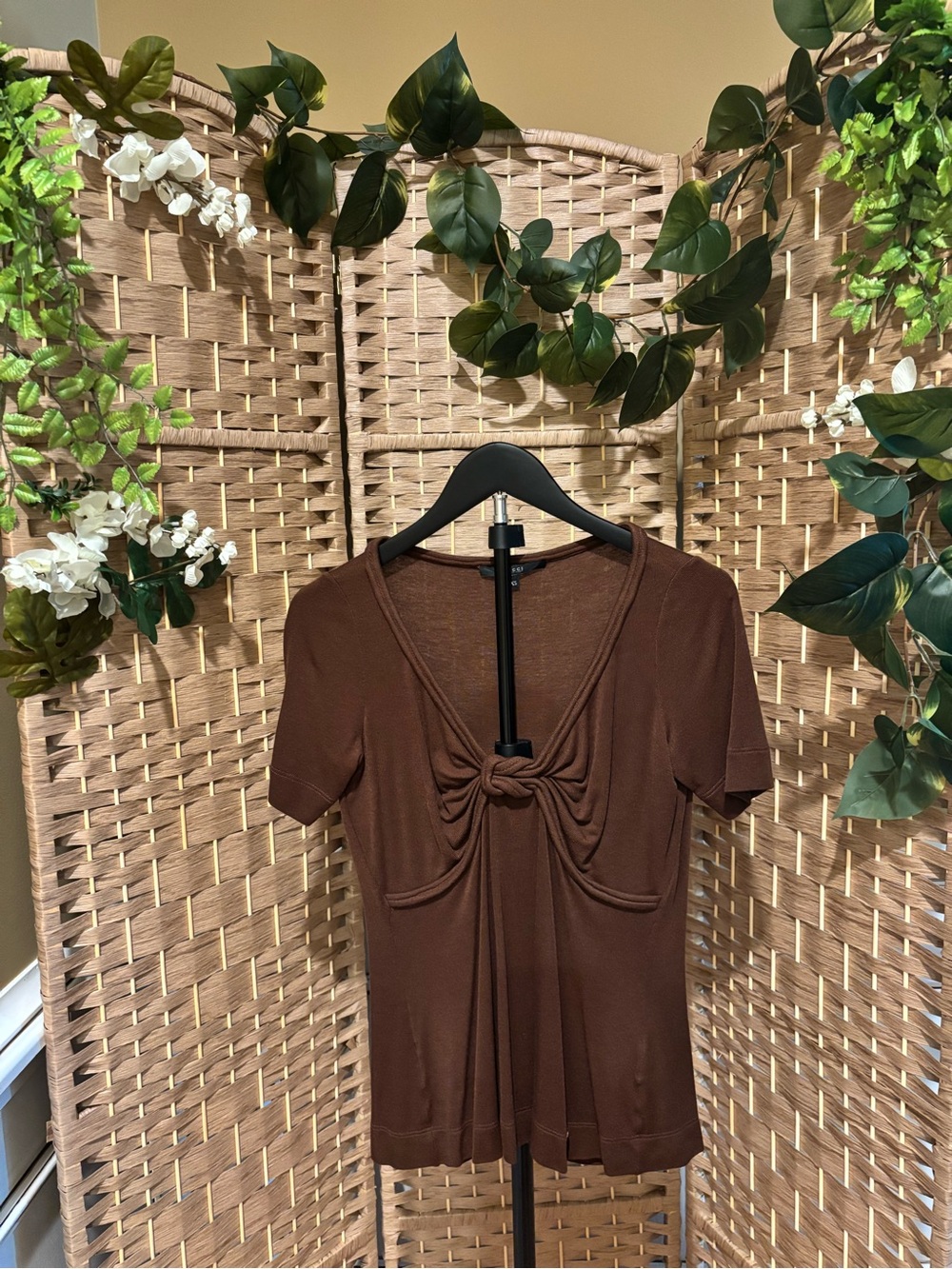 Vintage Gucci Brown Knot-Front Short Sleeve Top